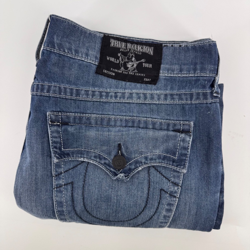 True Religion Jeans Mens 40x31 Blue Distressed Plaid Patch Horseshoe Pocket